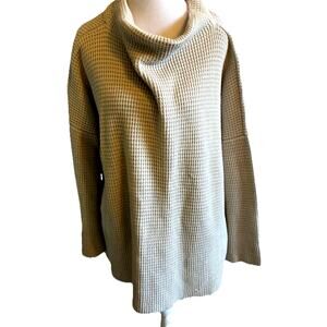 EILEEN FISHER Waffle Knit Mock Neck Sweater Tunic Organic Cotton Tencel Cream L